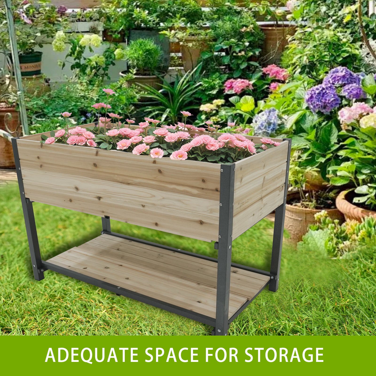 Style: 45" Iron Wood Combined Growing Beds With Feet And Storage Racks. Suitable For Various Places Such As Gardens, Backyards, Terraces, Balconies, Etc. Natural Solid Wood