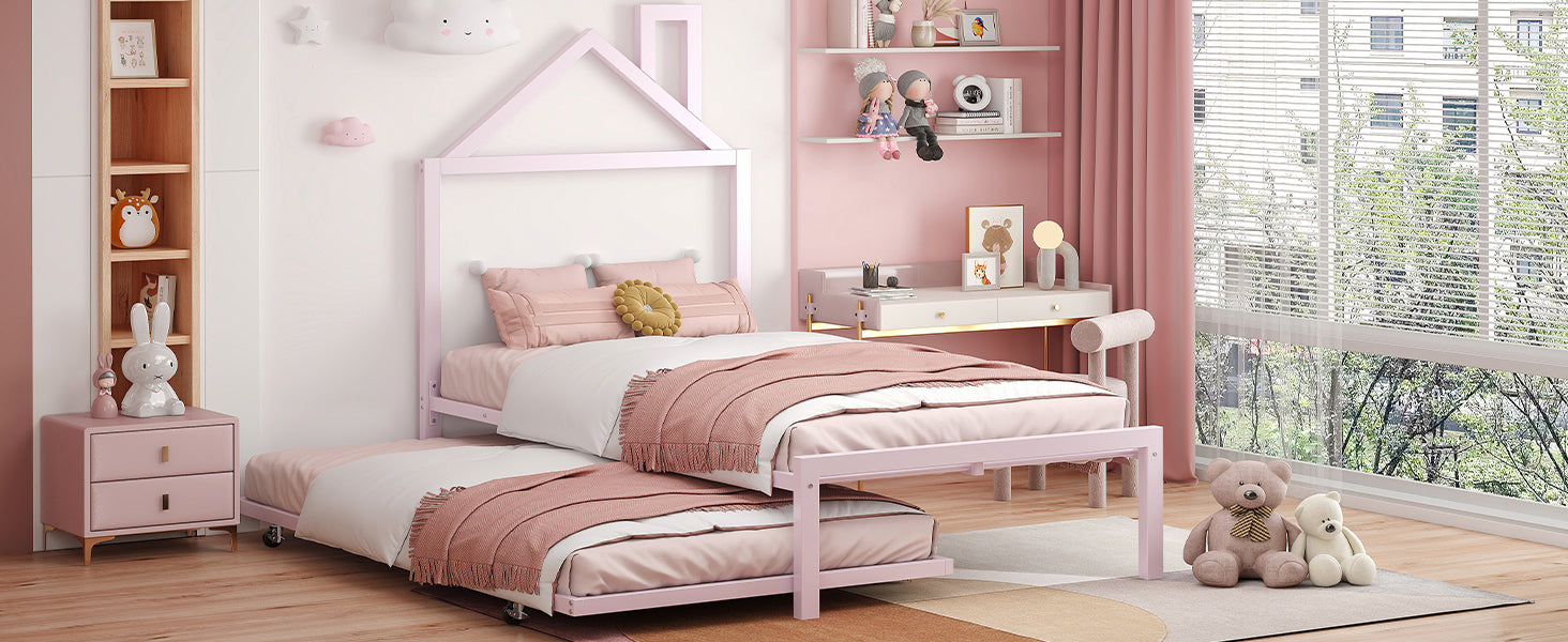 Twin Size Metal Platform Bed With Twin Size Trundle,House Shaped Headboard Design, Pink Twin Pink Metal