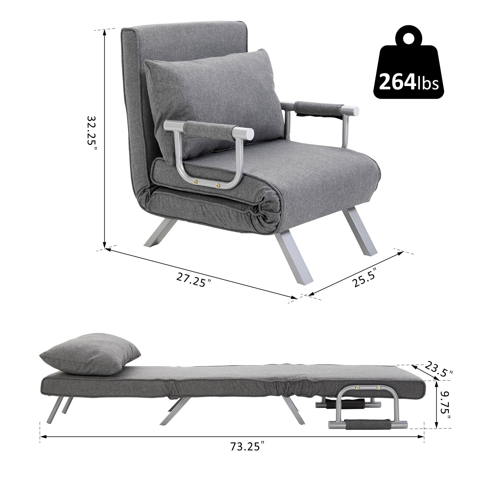 Homcom Single Person Folding 5 Position Convertible Sofa Bed Sleeper Chair Chaise Lounge Couch W Pillow & Steel Frame For Home Office, Light Grey Light Grey Fabric 1 Seat