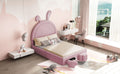 Full Size Upholstered Rabbit Shape Bed With 2 Storage Stools, Velvet Platform Bed With Cartoon Ears Shaped Headboard, Pink Full Pink Wood