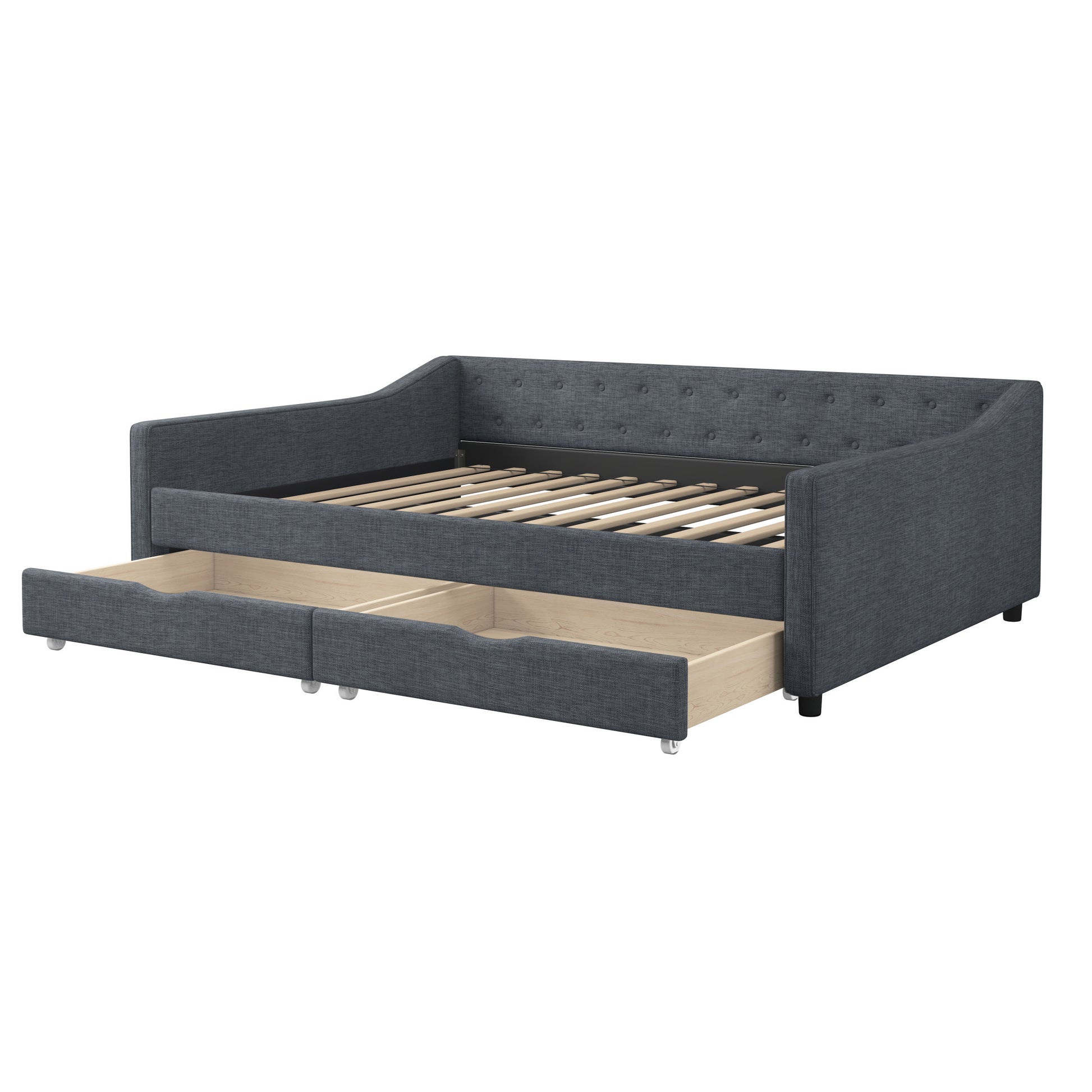 Full Size Daybed With Drawers Upholstered Tufted Sofa Bed, With Button On Back And Piping On Waved Shape Arms Dark Grey Full Dark Grey Wood Fabric
