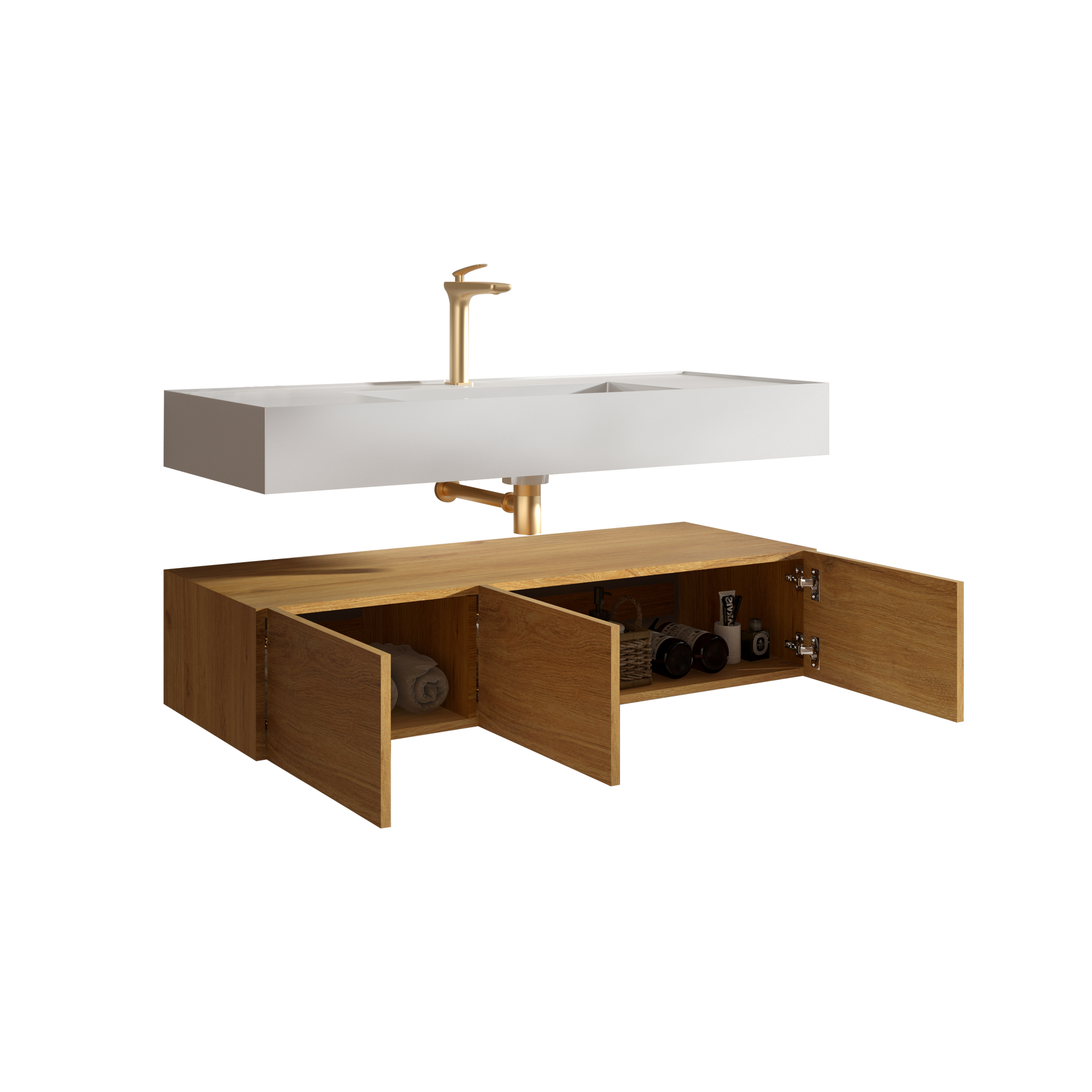 U065 Flora48W 106 Floating Bathroom Sink With Storage Cabinet, Natural Oak Wall Mounted Basin With Cabinet With 3 Soft Close Doors Oak Bathroom Modern Engineered Wood