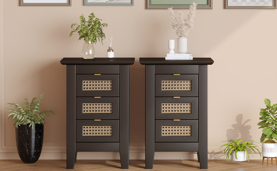 Wooden Nightstands Set Of 2 With Rattan Woven Surfaces And Three Drawers, Exquisite Elegance With Natural Storage Solutions For Bedroom, Black Black Particle Board