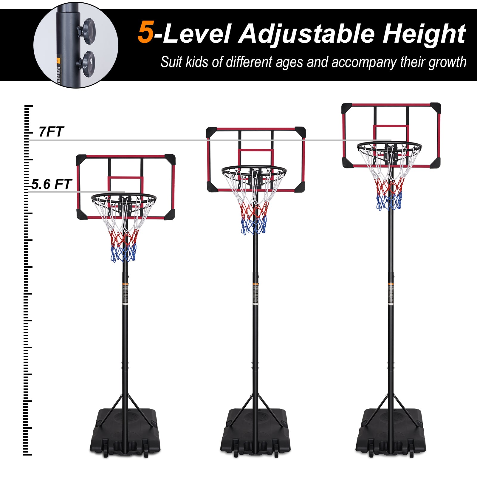 Portable Basketball Goal System With Stable Base And Wheels, Use For Indoor Outdoor Teenagers Youth Height Adjustable 5.6 To 7Ft Basketball Hoop 28 Inch Backboard Red Sporty Iron