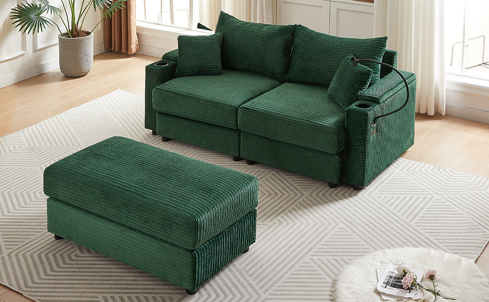 72.8" Modern Style Loveseat Sofa Sectional Sofa Couch With Storage Space, A Movable Ottoman, Two Usb Ports, Two Cup Holders, A Phone Holder For Living Room, Green Green Foam Corduroy 3 Seat