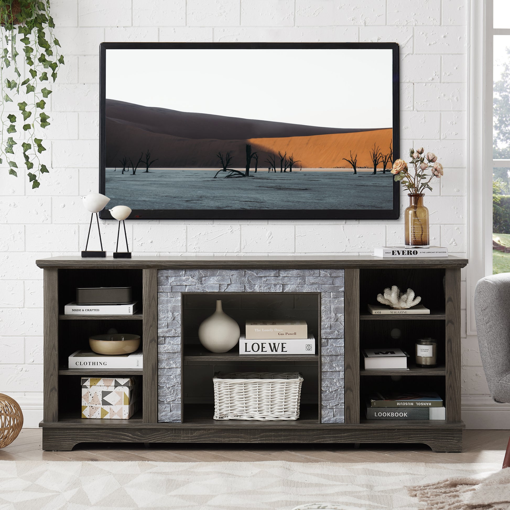 Mantel Stone Tv Media Stand With With Faux Stacked Stone Surround, Modern Entertainment Console With Open Storage Space,Grey, 58.31"W*15.39"D*26.06"H Grey 60 69 Inches Mdf