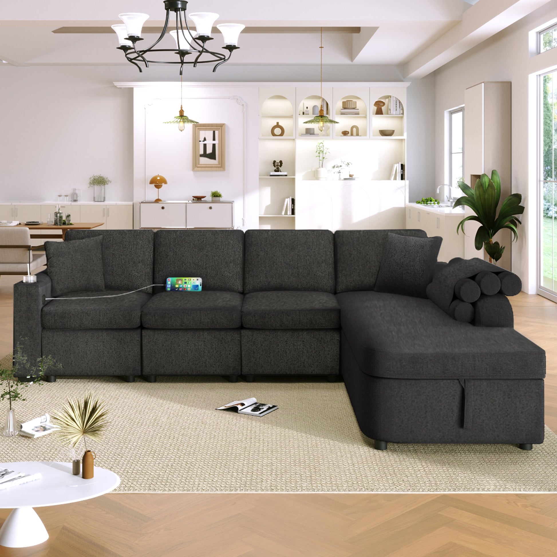 109.8"L Shaped Couch Sectional Sofa With Storage Chaise,Cup Holder And Usb Ports For Living Room, Black Black Foam Chenille 4 Seat