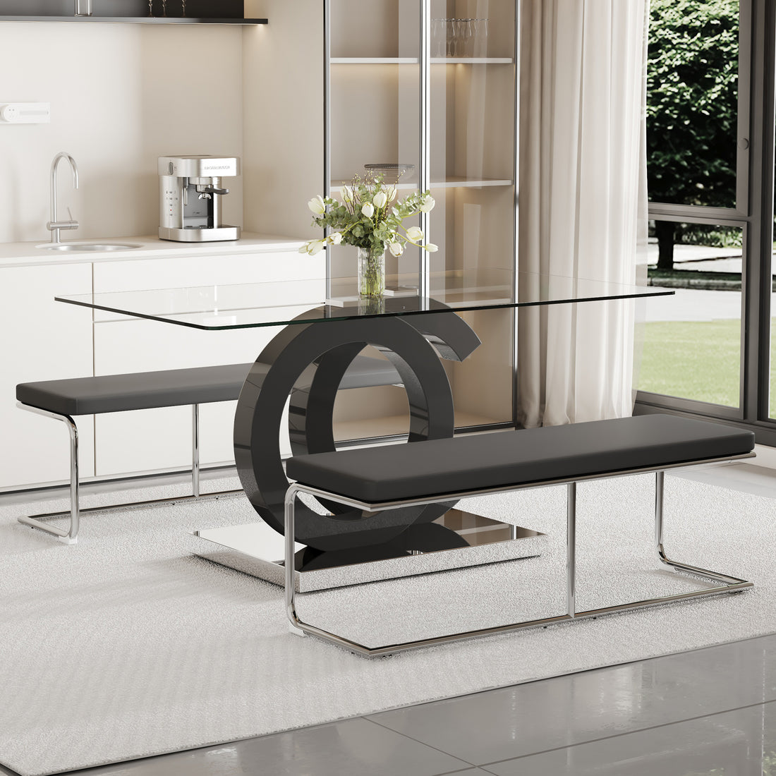 Table And Chair Set, Large Modern Minimalist Rectangular Glass Dining Table Suitable For 6 8 People, Equipped With 0.39 "Tempered Glass Tabletop, Mdf Oc Shaped Bracket, And Metal Base. Black Glass