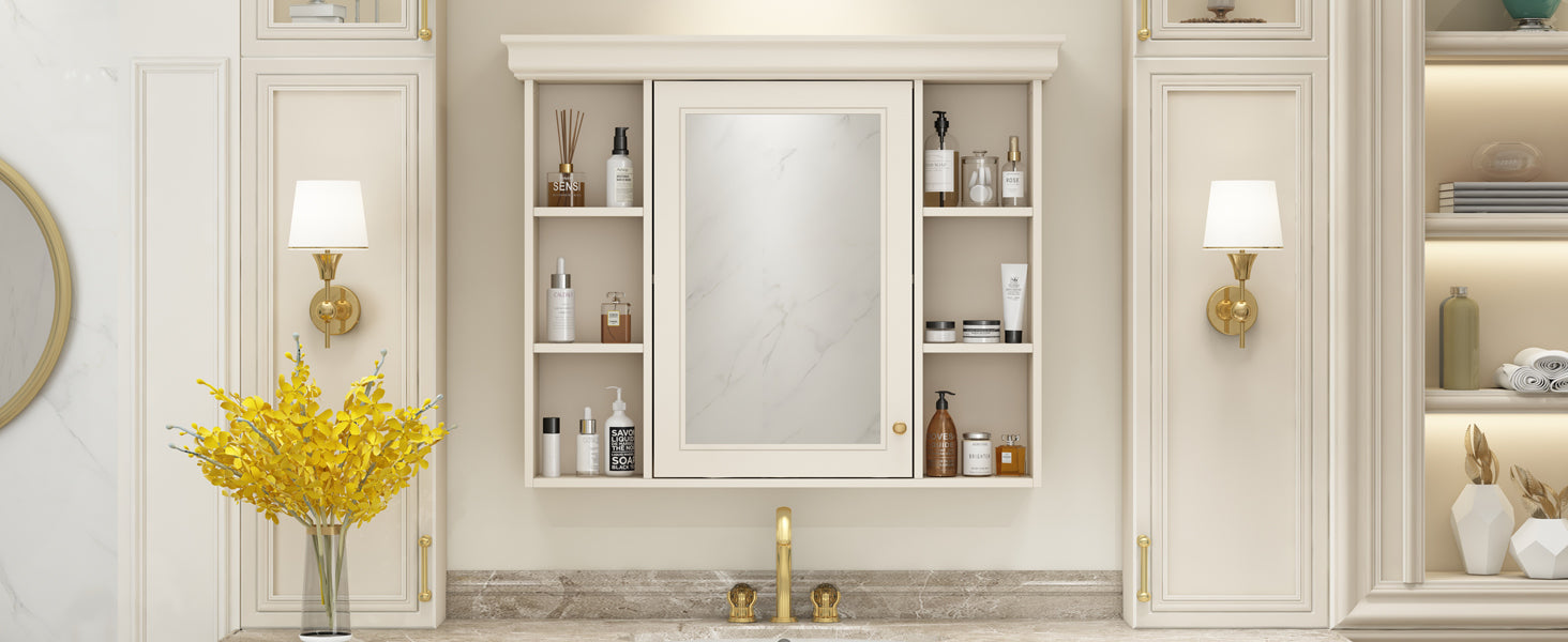 35'' X 28'' Blue Wall Mounted Bathroom Storage Cabinet With Mirror Door, Modern Bathroom Wall Cabinet With Mirror, Medicine Cabinet With 6 Open Shelves Beige Cream 1 Adjustable Shelves Wall Mounted Luxury Mdf Glass Painted