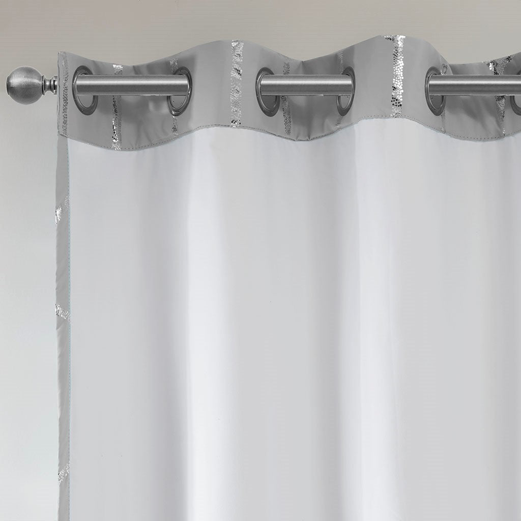 Total Blackout Metallic Print Grommet Top Curtain Panel Only 1 Pc Panel Grey Silver Microfiber