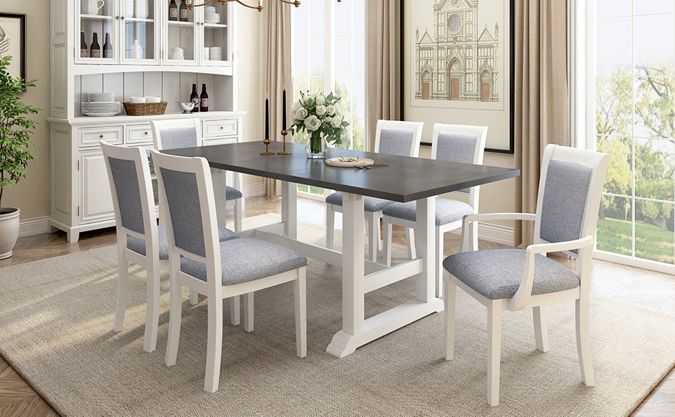 7 Piece Updated 76.9Inch Extendable Trestle Dining Table Set With Removable Leaf, Kitchen Table Set With Upholstered Side Chair And Arm Chair, Set Of 6, White White Wood Dining Room Solid Wood Rubberwood Rectangular Dining Table With Chair Upholstered