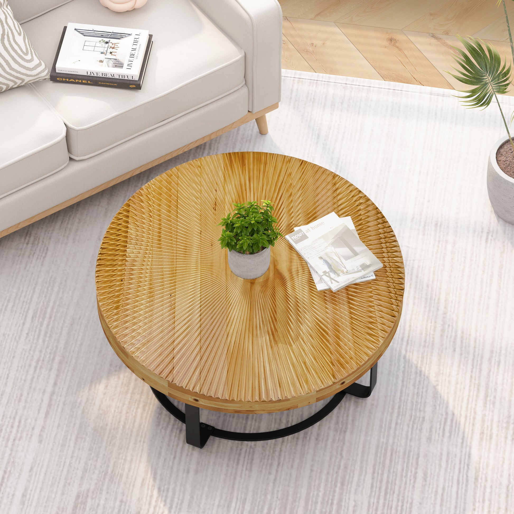 Modern Round Coffee Table Wooden Carving Pattern Coffee Table With Metal Legs For Living Room Reception Room Office ,Black Natural Black Pine