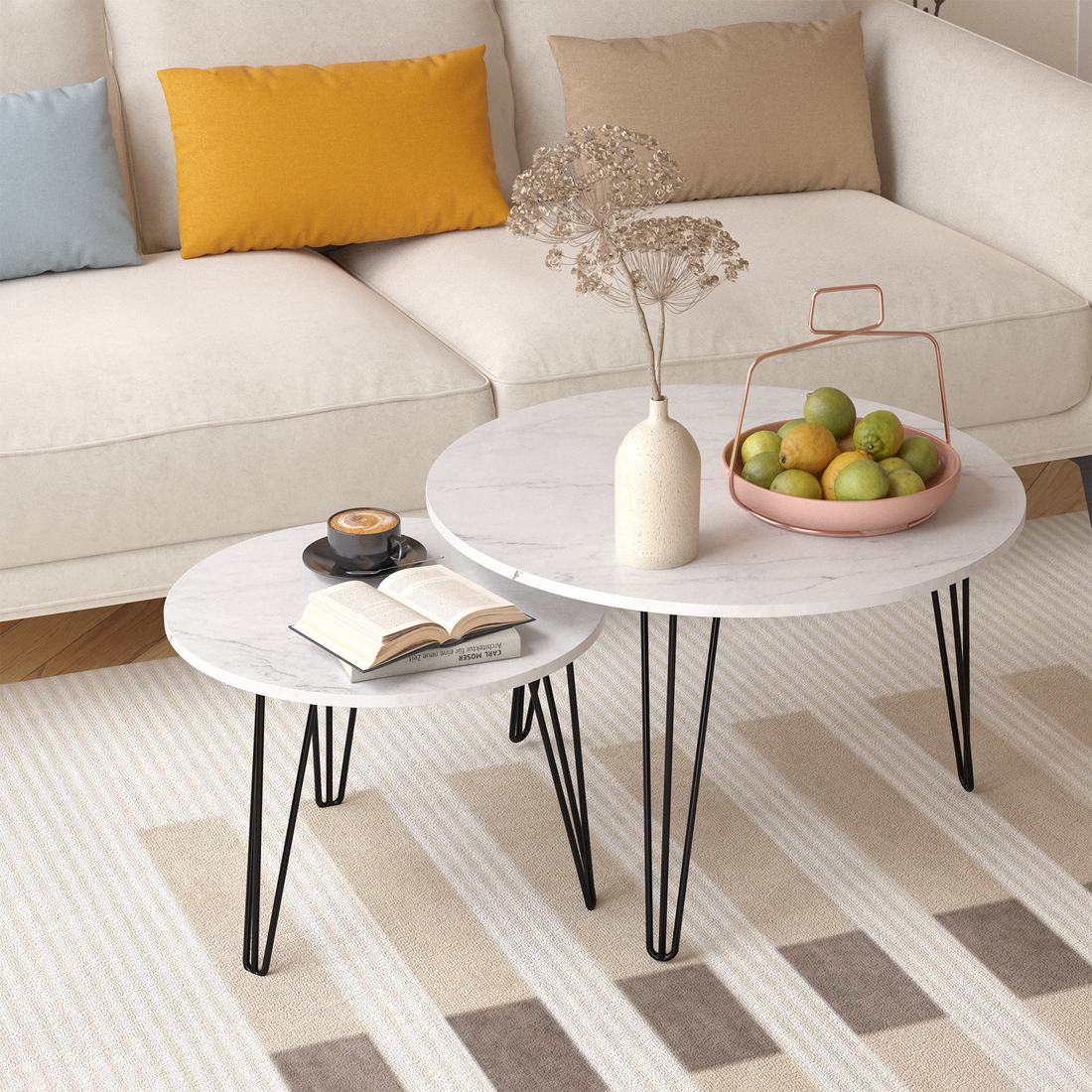 27.56'' Round Nesting Coffee Table Set Of 2, Circular Nesting End Table Set, Round Marble Tabletop, And Sturdy Metal Base For Living Room, Bedroom, White White Round Wood Metal