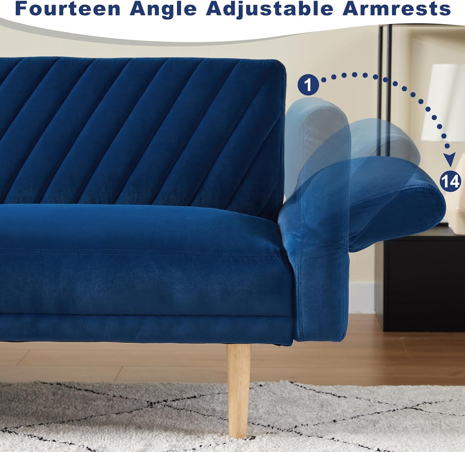 78'' Velvet Futon Sofa Bed, Convertible Sleeper Bed With Adjustable Armrests And Backrest, Loveseat Sleeper Sofa With 2 Pillows, Modern Futon Couches For Living Room, Blue Brown Wood Bedroom Heavy Duty Oak 2 Seat Blue Velvet Soft Cushion Back Mid Century