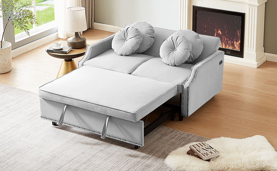 54.7" Multiple Adjustable Positions Sofa Bed Stylish Sofa Bed With A Button Tufted Backrest, Two Usb Ports And Four Floral Lumbar Pillows For Living Room, Bedroom,Or Small Space, Light Grey Light Grey Foam Polyester 2 Seat