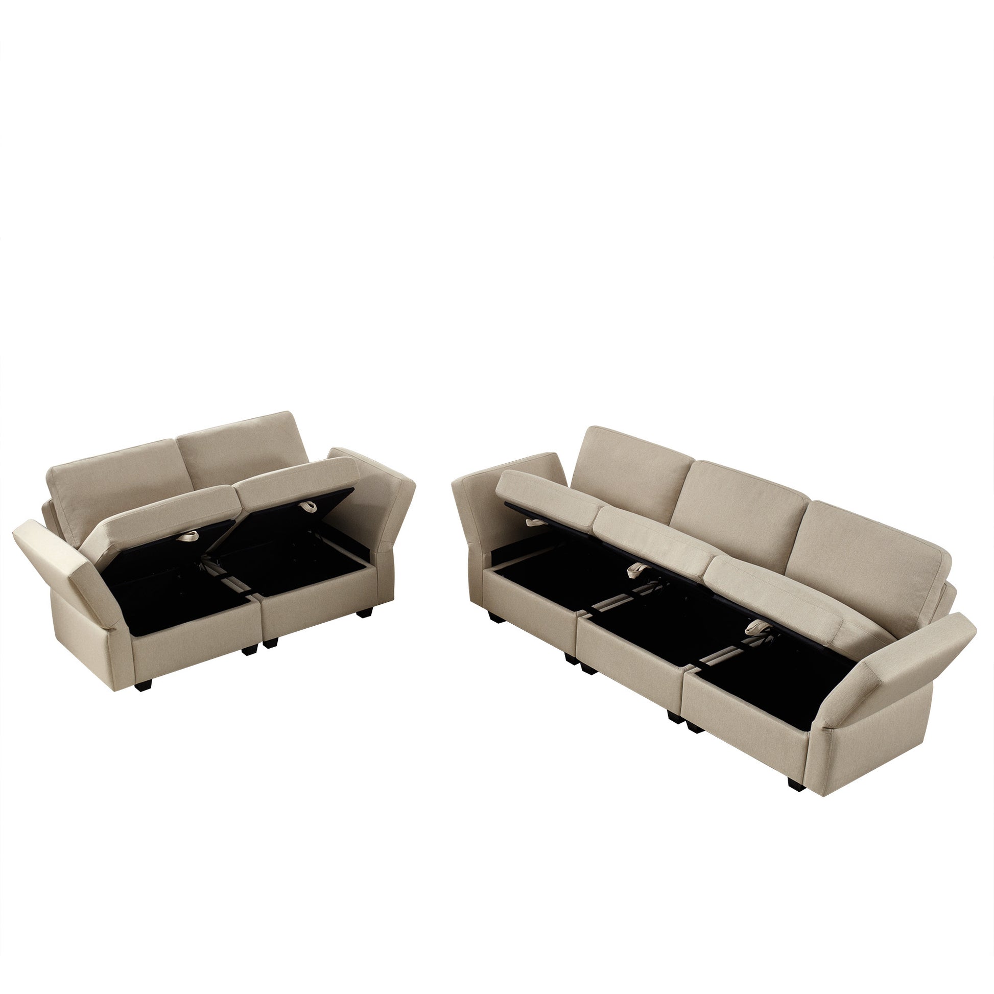 Living Room Sofa Set With 3 Seat Couch And 2 Seat Loveseat, Hidden Storage Under Seat, Soft Back Cushions And Arm Cushionsadjustable Arms And Backs Beige Beige Polyester 5 Seat