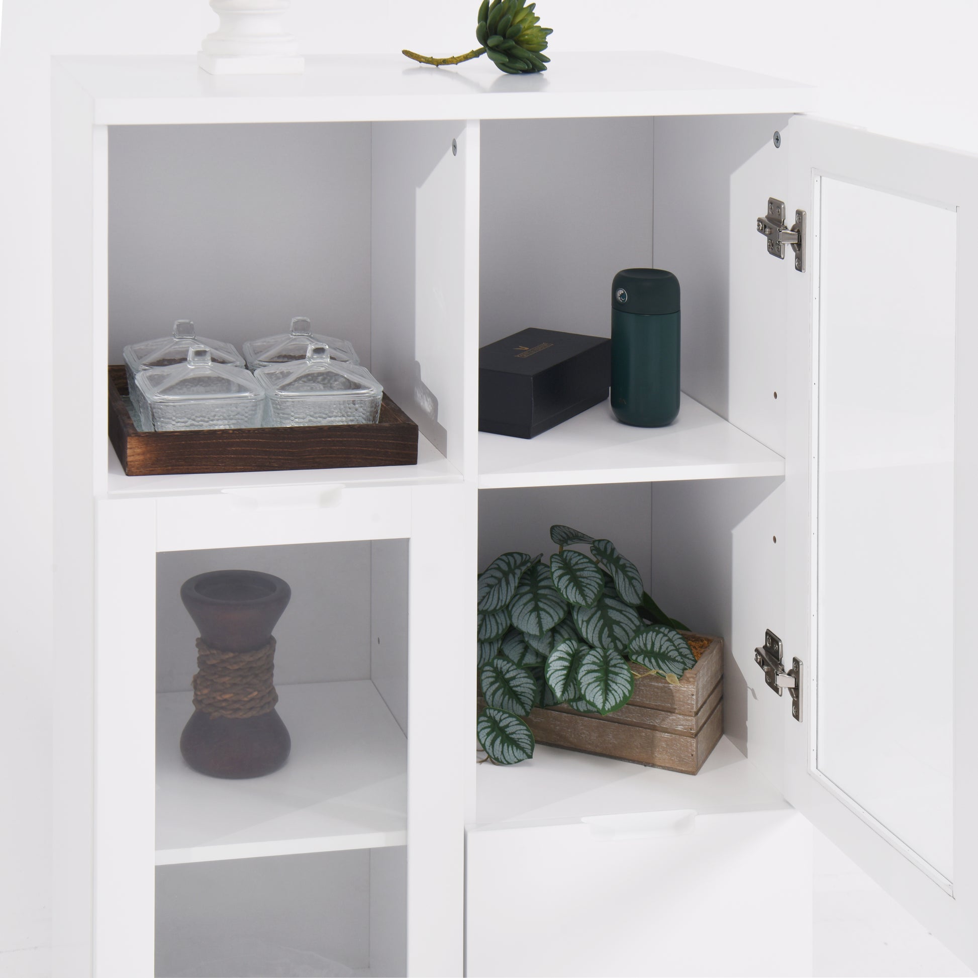 Wooden Floor Cabinet With 2 Glass Doors And 2 Storage Space,White ,Living Room Bathroom Entryway White White Mdf