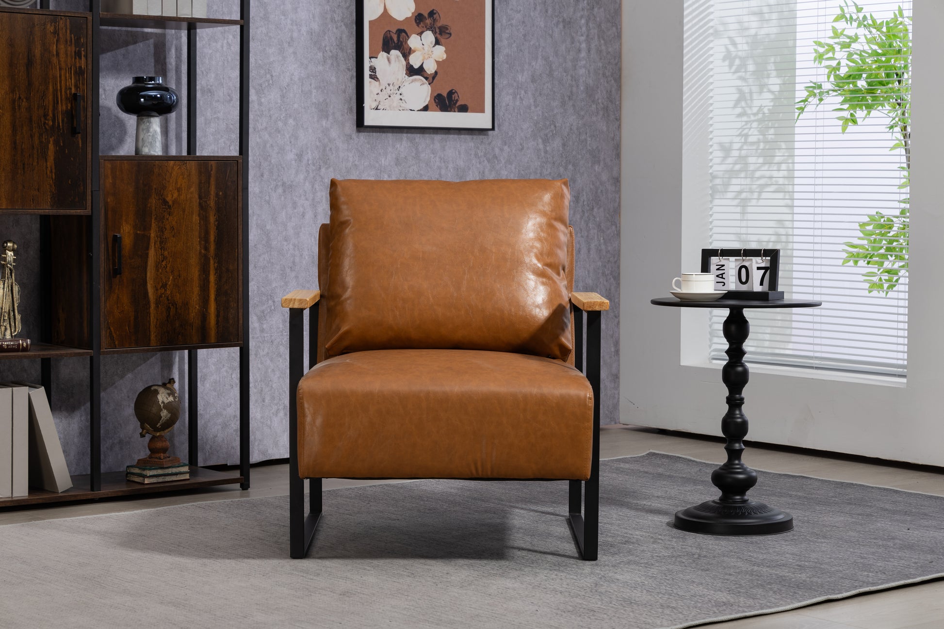 Leather Accent Chair Guest Chair For Living Room, Mid Century Armchair For Bedroom Brown Leather Brown Pu