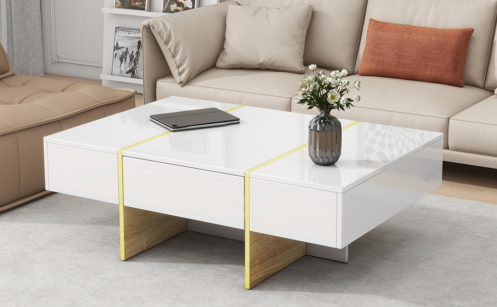 47.2'' X 31.4''Minimalist High Gloss Coffee Table With 2 Drawers, Multi Storage Rectangle Sofa Table With Golden Wood Grain Legs, Modern Center Table For Living Room, White White Particle Board Mdf
