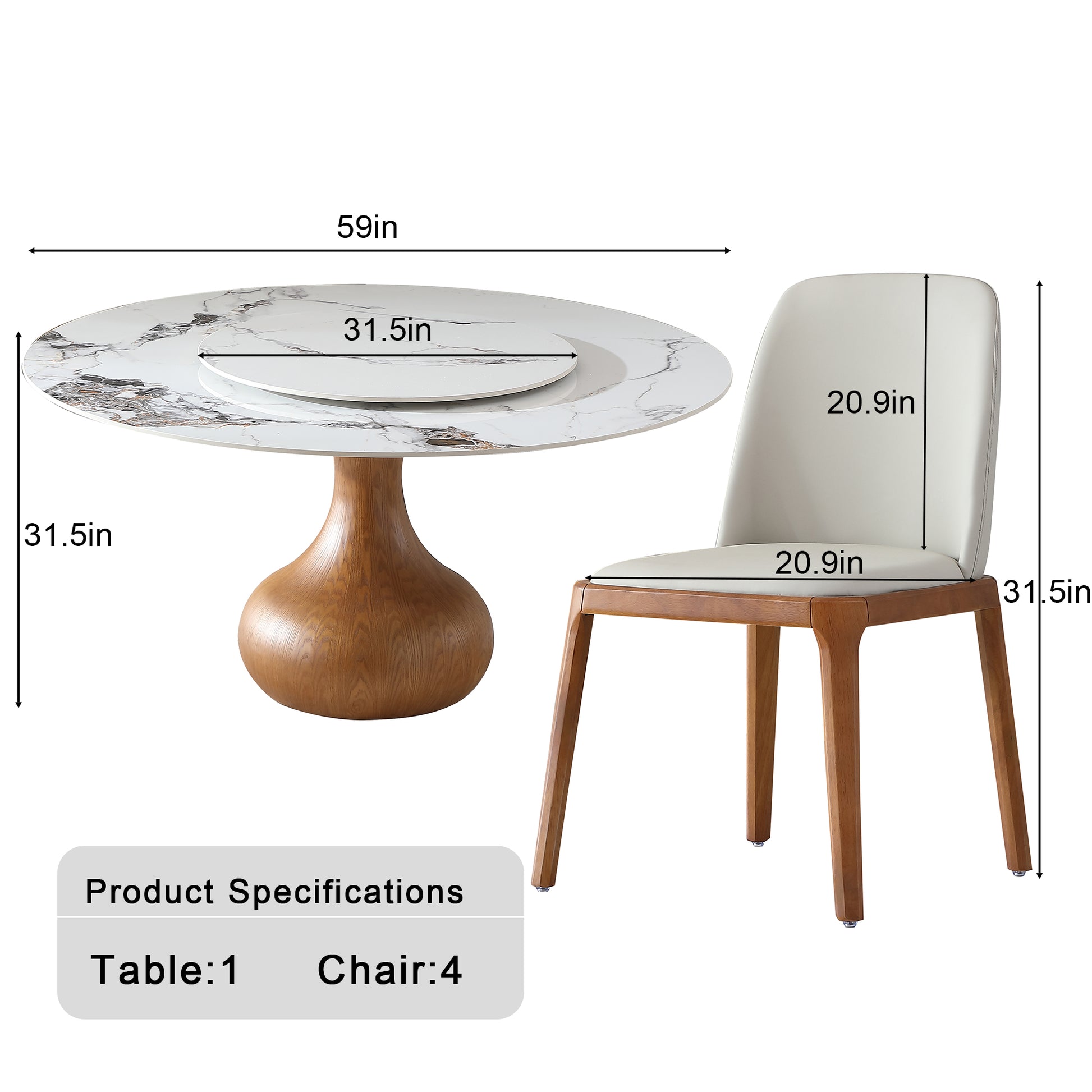 Modern Marble Dining Table, 59" Round Sintered Stone Table For Dining Room, Kitchen, Dinette, Compact Space With Lazy Susan 4 Chairs Walnut,White Dining Room American Design,Luxury,Modern Oak Round