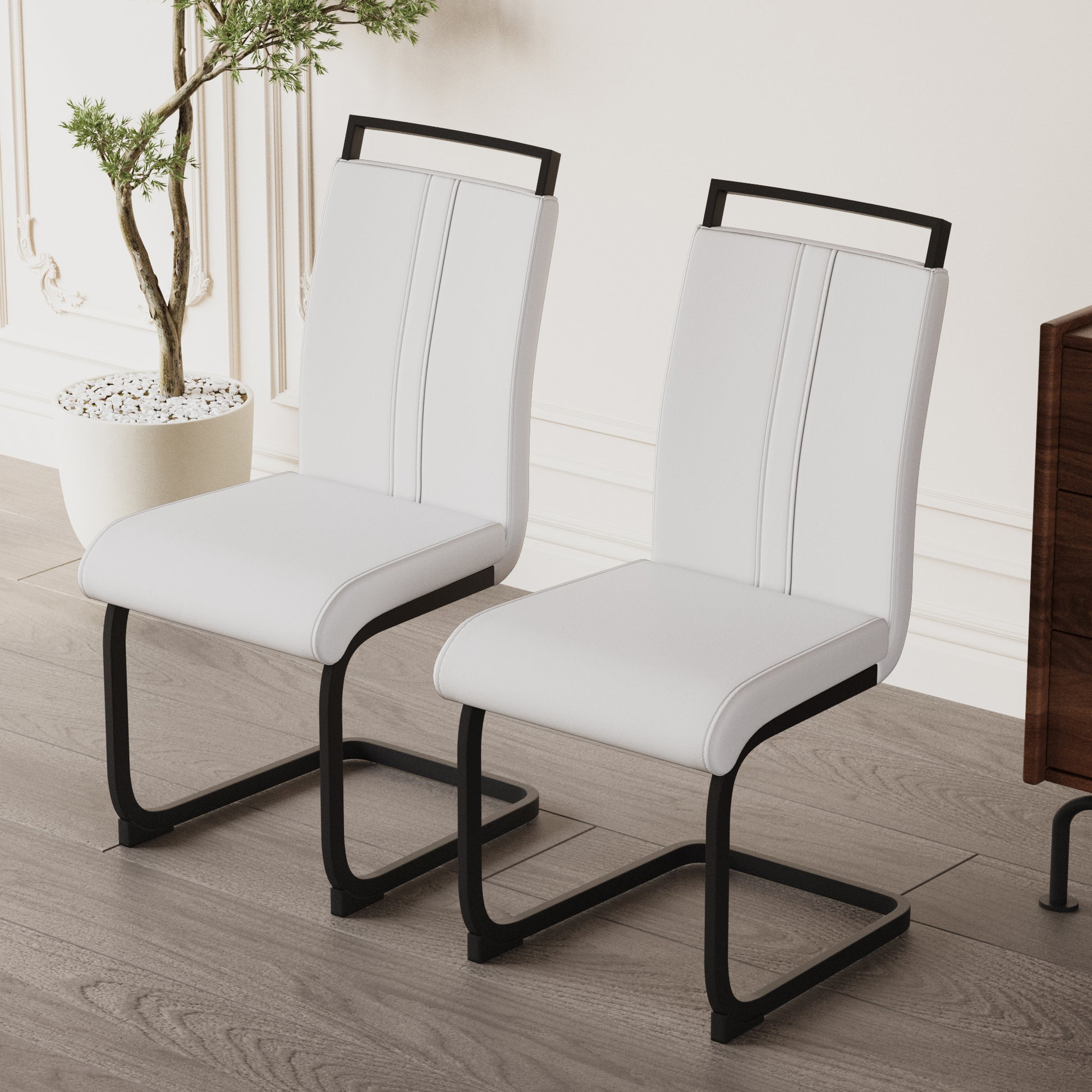 Modern Dining Chairs,Pu Faux Leather High Back Upholstered Side Chair With C Shaped Tube.Black Metal Legs For Dining Room Kitchen Vanity Patio Club Guest Office Chair Set Of 2 White Pu White Foam Pu