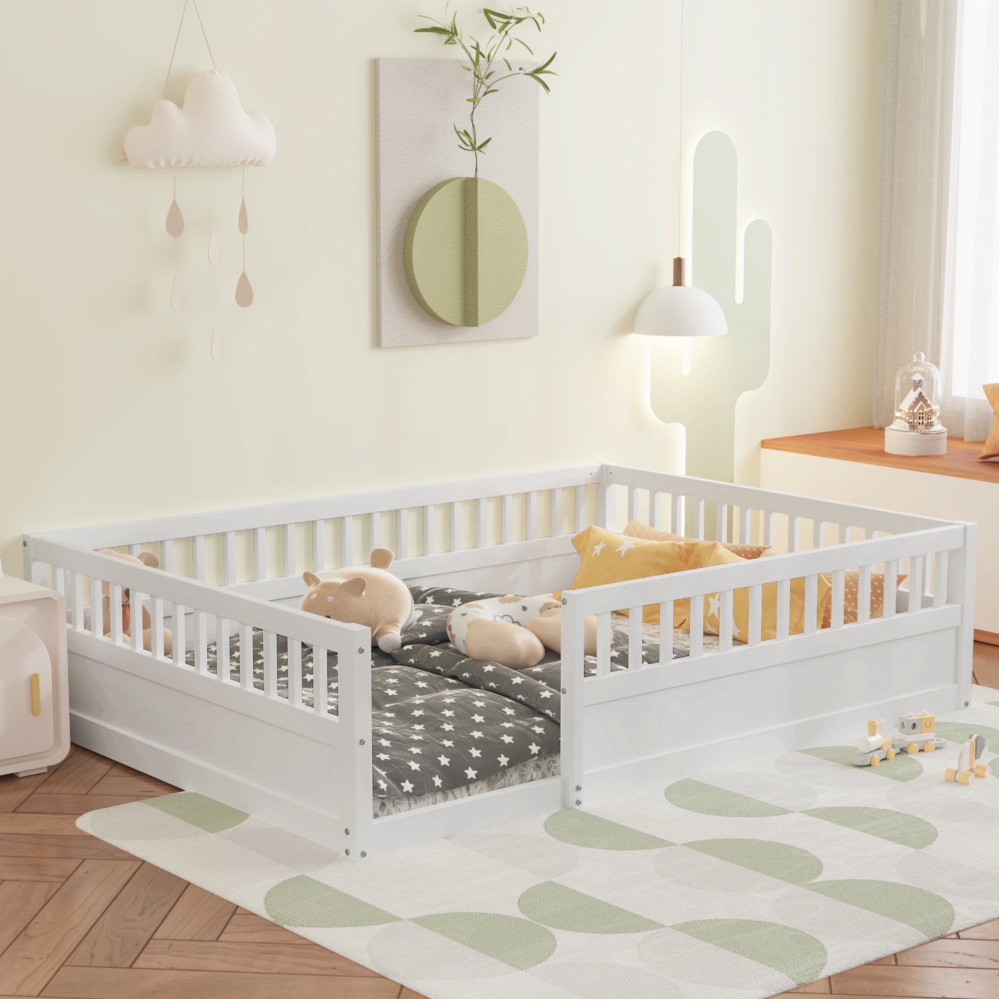 Full Floor Bed Frame With Fence, Wood Kids Floor Beds Frame For Bedroo