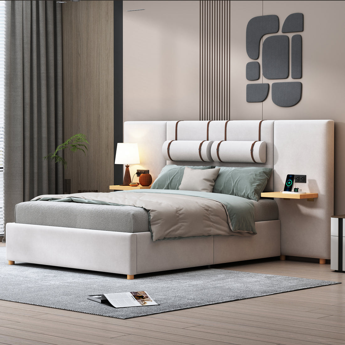 Full Size Upholstered Platform Bed, Two Outlets And Usb Charging Ports On Both Sides, Two Bedside Pillows, Storage Shelves,Velvet,Beige Full Beige Mdf Lvl
