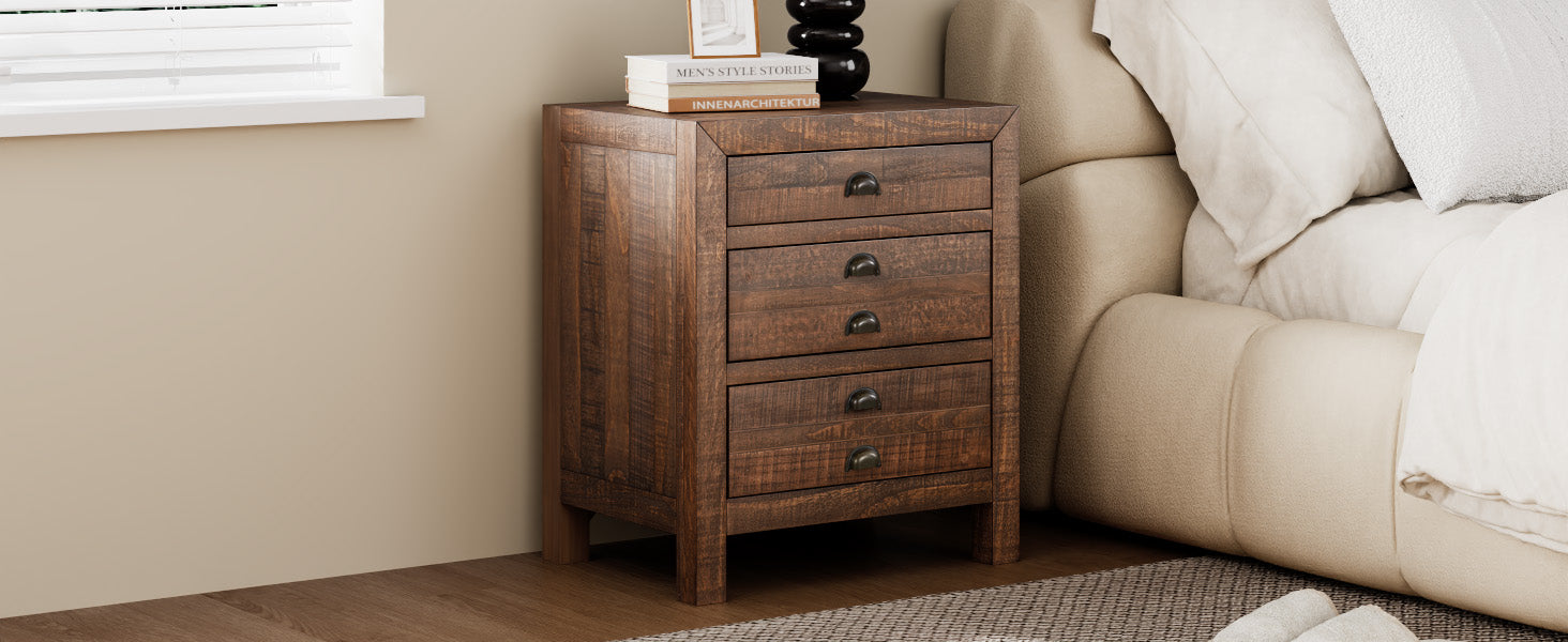 Rustic Farmhouse Style Three Drawer Solid Pine Wood Nightstand With Cup Pulls And Integrated Charge Station Brown 3 Drawers Bedroom Pine Pine,Plywood