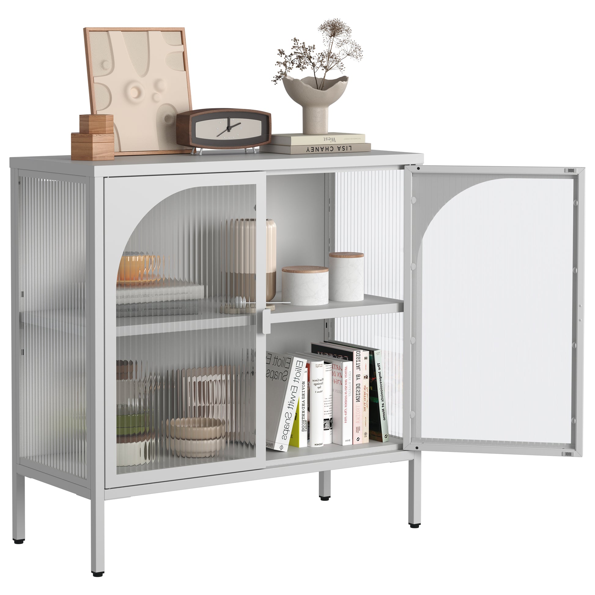 Metal Sideboard Cabinet,Accent Storage Cabinet With 2 Glass Doors,Modern Coffee Bar Cabinet With Adjustable Shelves 154 Lbs Capacity For Kitchen, Living Room And Hallway, White Accent Chests 1 2 Shelves Antique White Primary Living Space Glass Doors