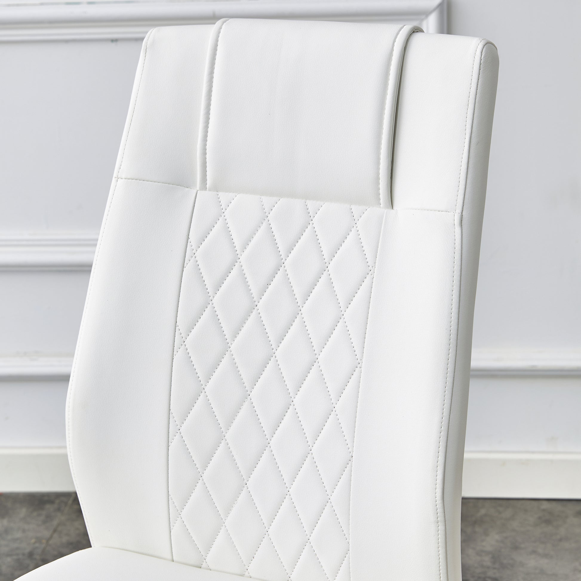 Table And Chair Set.The Table Has A Glass Tabletop With Imitation Marble Pattern Stickers And Stainless Steel Golden Table Legs. Paried With Comfortable Chairs With Pu Seats And Metal Legs. White Gold Seats 8 Glass Metal