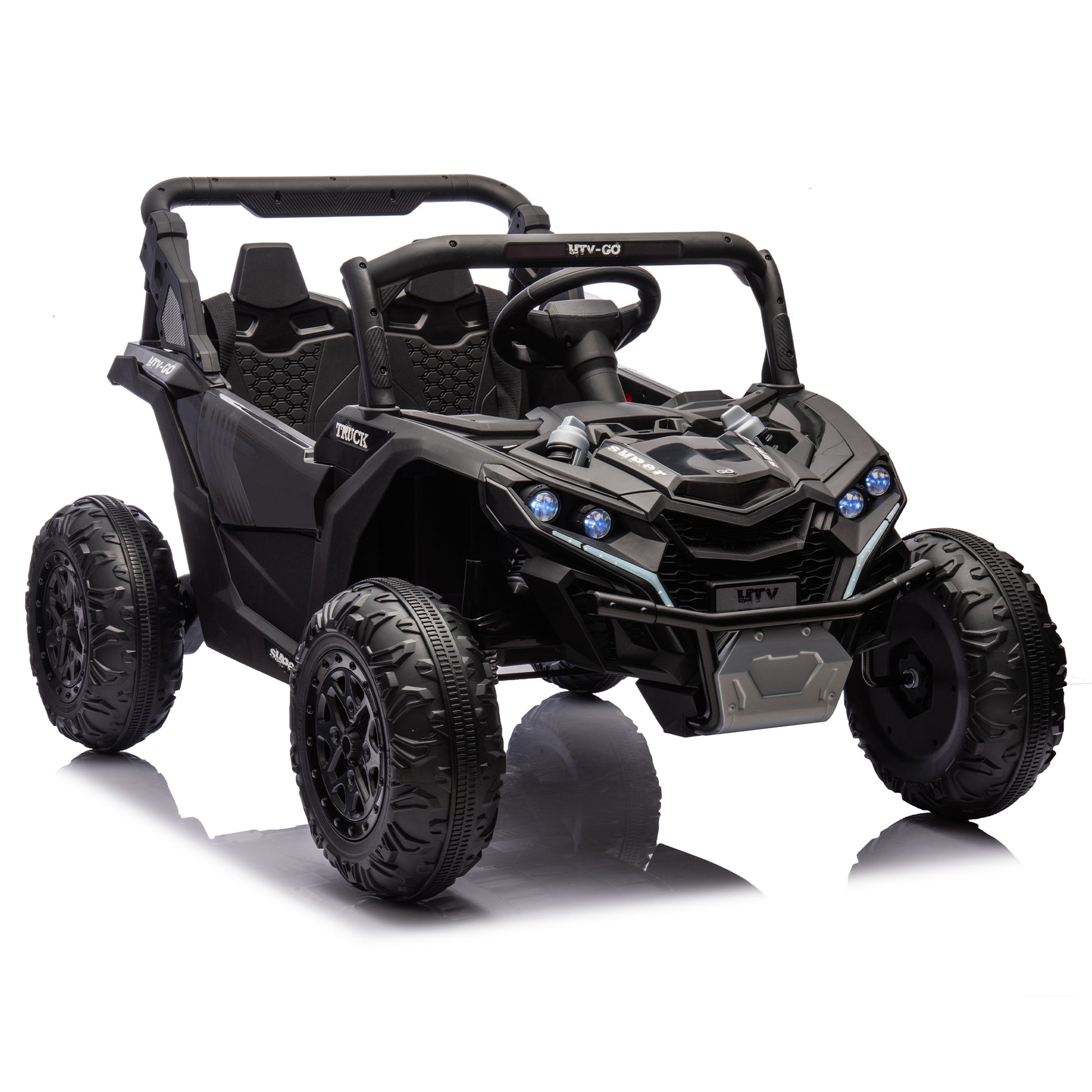 24V Two Seater Kids Ride On Utv W Parents Remote Control,Four Wheel Suspension,Slow Start,Large Wheel Design,Anti Collision Bar,Storage Space,Music,Usb,Bluetooth,Volume Control,Led Lights For Kids 3 . Black 100 149 Lbs Polypropylene