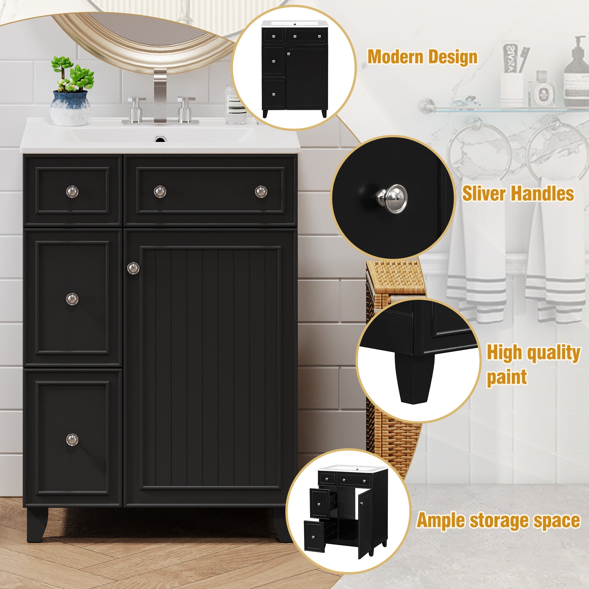 24 Inch Bathroom Vanity Cabinet With Ceramic Sink, 2 Drawers, 1 Door Black Bathroom Solid Wood Mdf