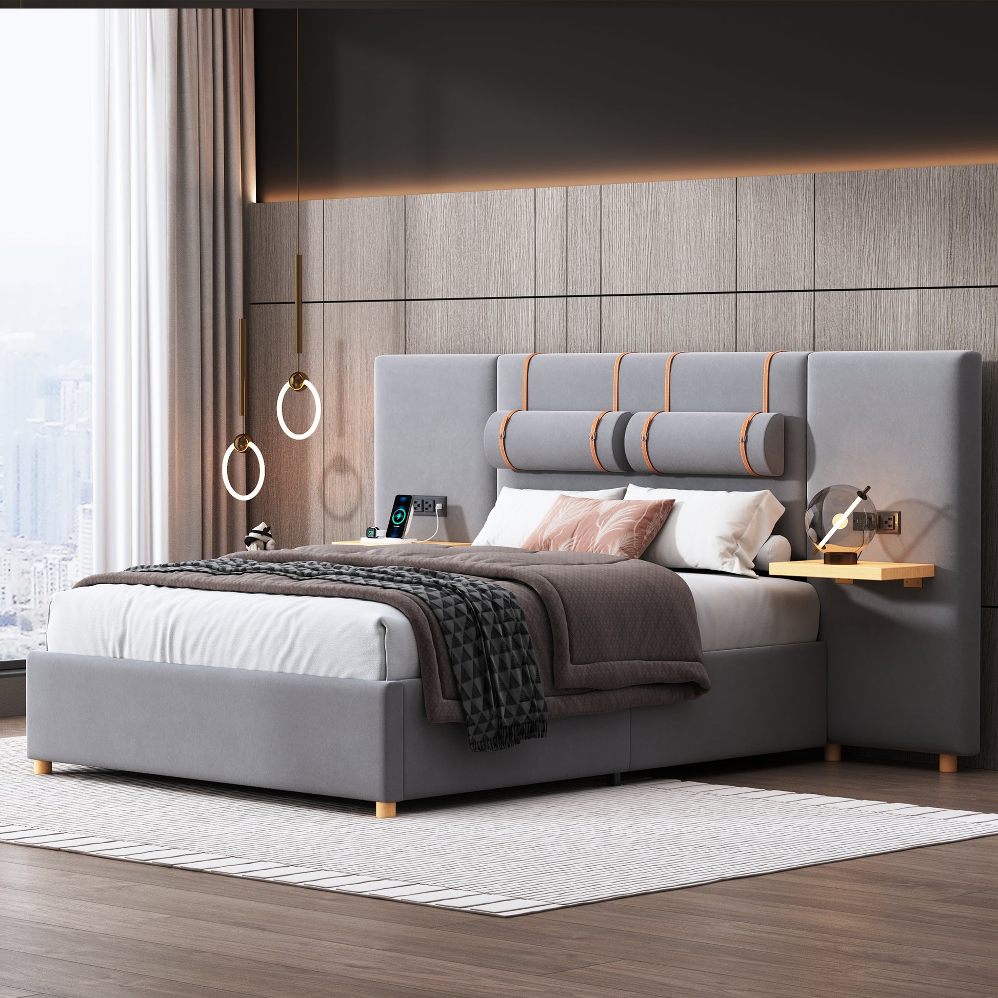 Full Size Upholstered Platform Bed With Two Outlets And Usb Charging Ports On Both Sides, Two Bedside Pillows, Storage Shelf, Velvet,Gray Full Gray Mdf Lvl