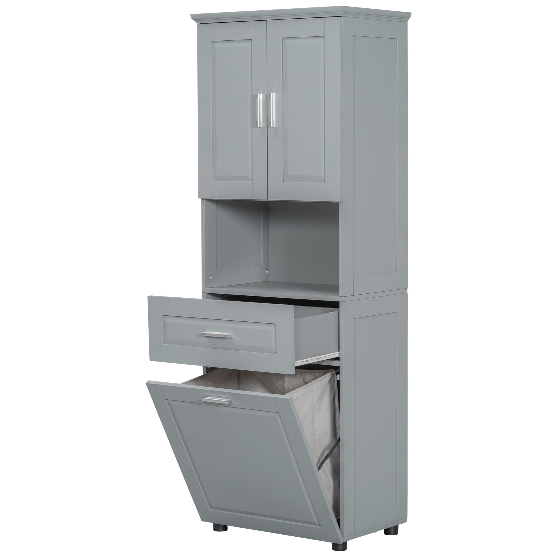 Tall Bathroom Cabinet With Laundry Basket, Large Storage Space Tilt Out Laundry Hamper And Upper Storage Cabinet, Grey Grey Mdf