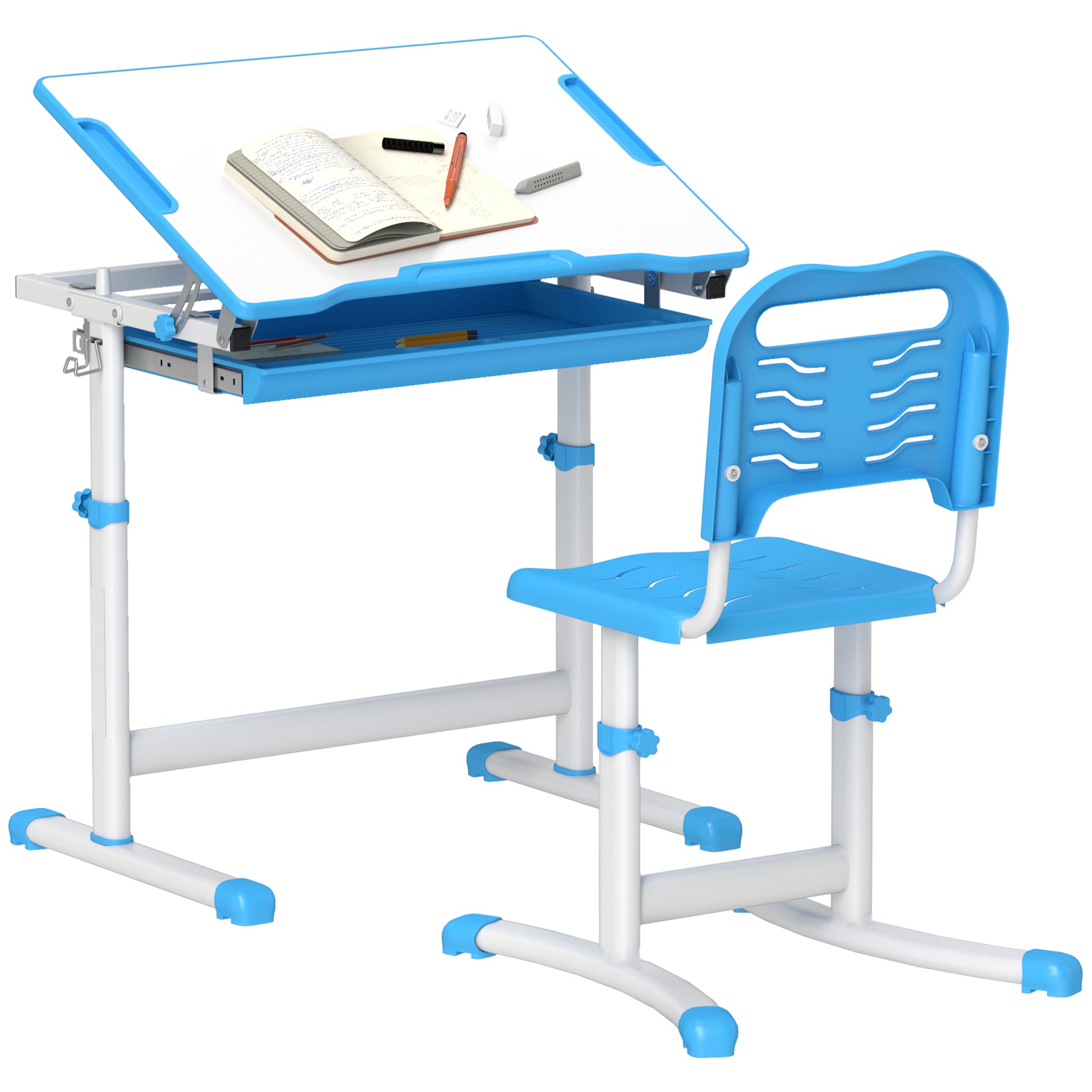 Qaba Kids Desk And Chairs Set, Height Adjustable Children School Study Desk With Tilt Desktop, Storage Drawer, Pen Slot, Hook, Ergonomic Table And Chair Set For Kids, Blue Blue Mdf