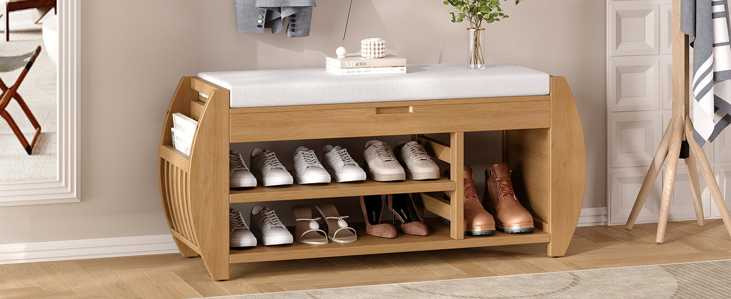 Retro Multifunctional Storage Bench With Cushion And Curved Side Panel For Entrance And Living Room Natural Natural Mdf