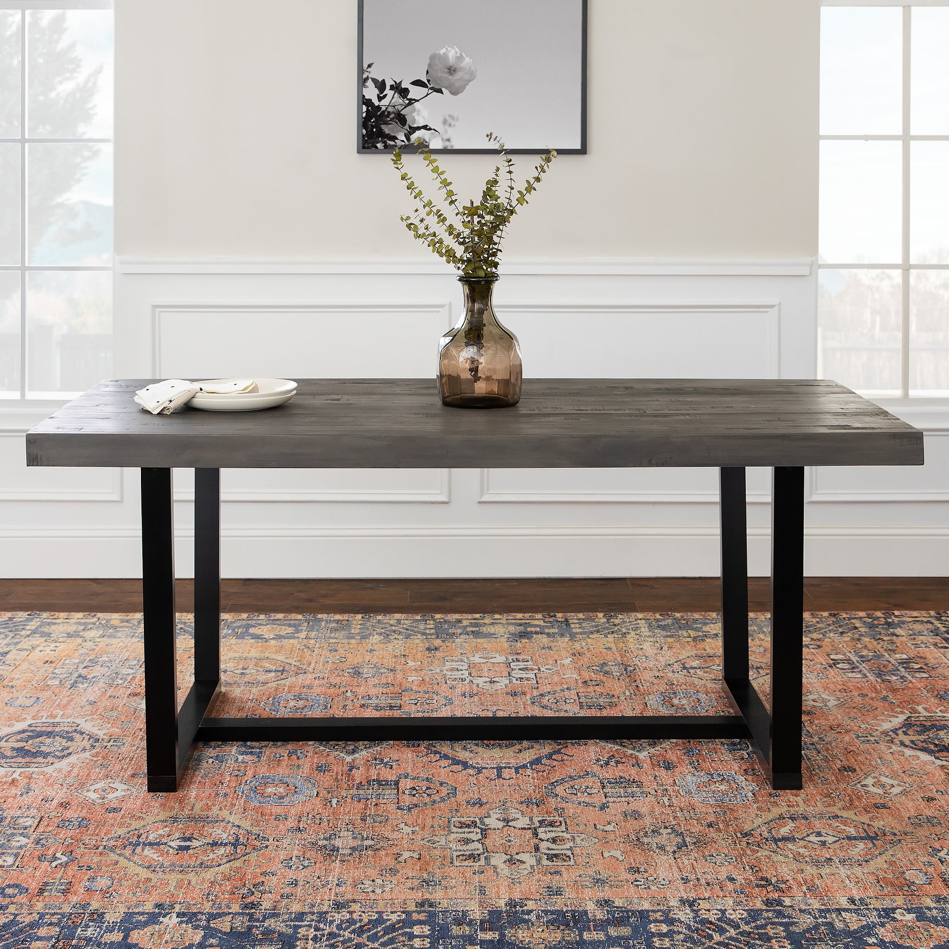 Modern Distressed Solid Wood And Metal Open Frame Dining Table Grey Gray Pine