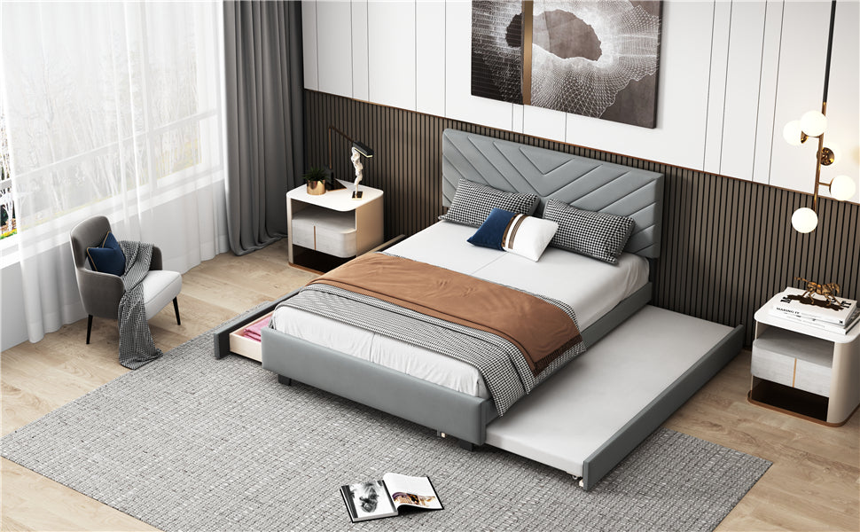 Queen Size Upholstered Platform Bed With Twill Headboard, Pullout Bed And Two Drawers, Flannel,Gray Queen Gray Mdf Lvl