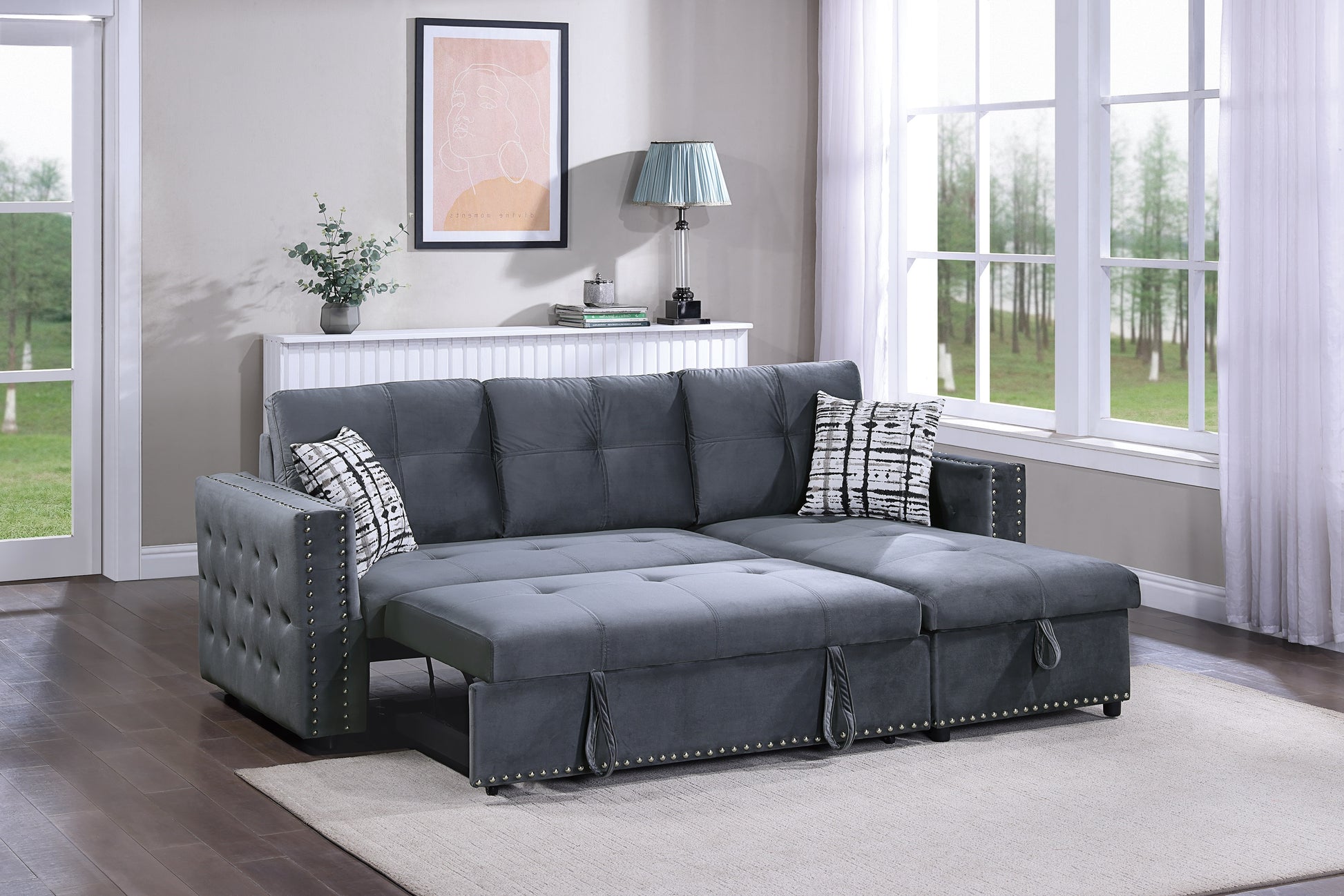 Gray Velvet Convertible Sectional Sofa Pull Out Bed Couch Storage Chaise Tufted Reversible 2Pc Sectional Living Room Gray Primary Living Space Tufted Back Contemporary,Modern L Shaped Square Arms Velvet 4 Seat