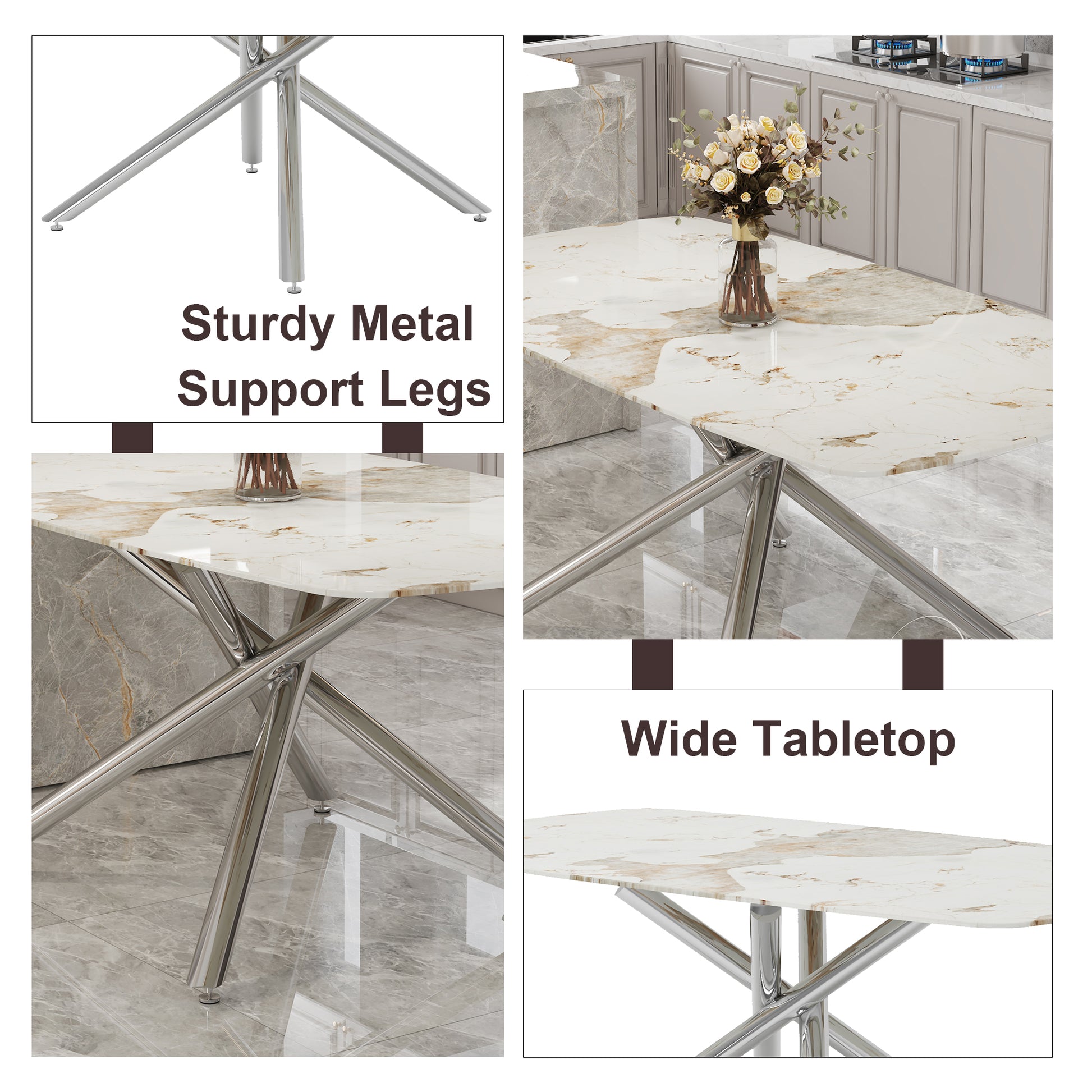 Table And Chair Set.Modern Luxurious White Marble Patterned Tempered Glass Dining Table Set With Transparent Pp Chairs.8 Transparent High Quality Pp Dining Chairs With Silver Legs. White Silver