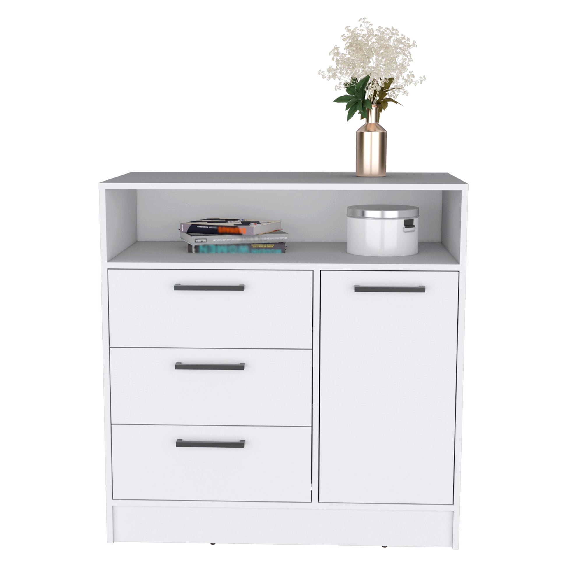 Dresser With Spacious 3 Drawer And Single Door Storage Cabinet, White White Solid Wood Mdf Engineered Wood