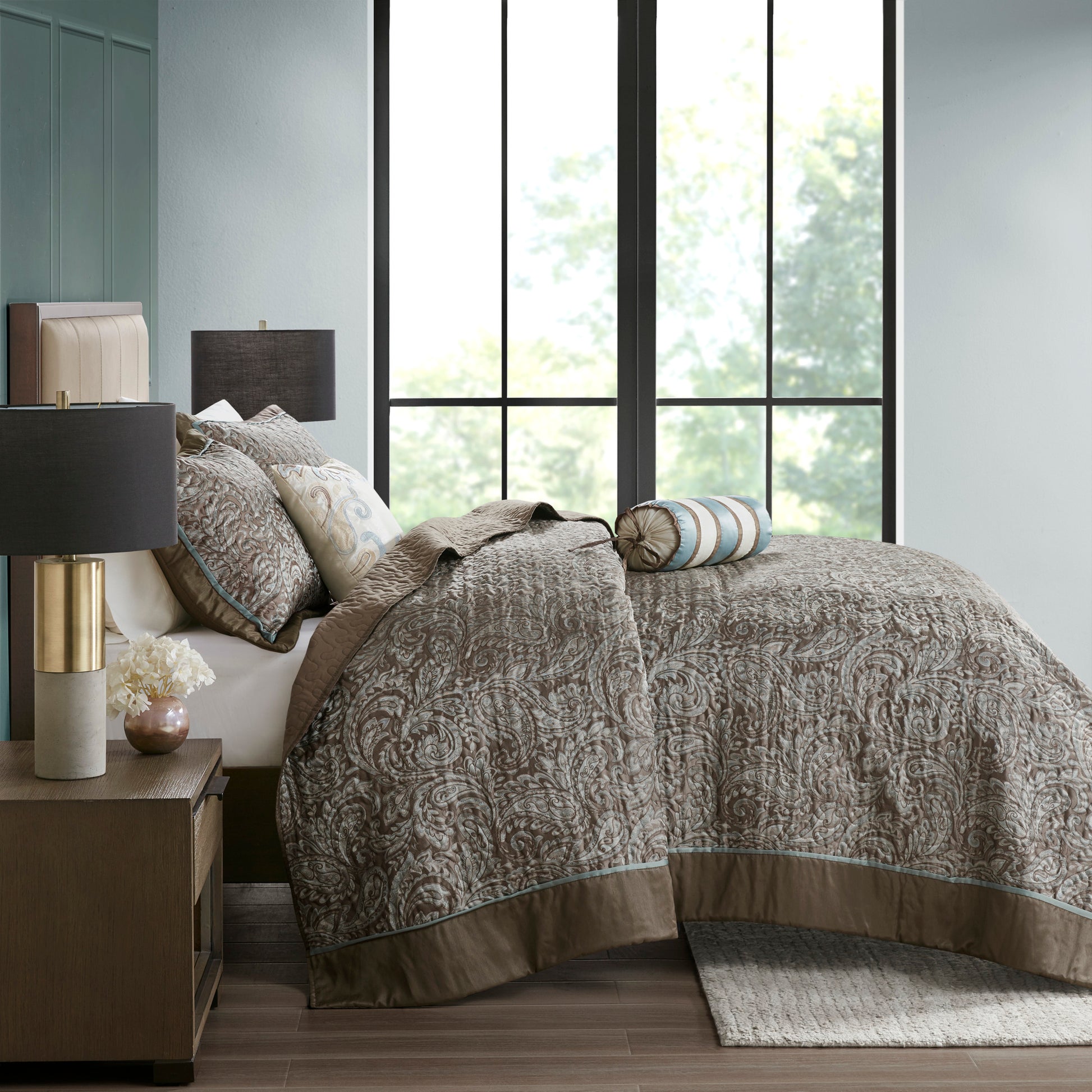 5 Piece Jacquard Bedspread Set With Throw Pillows Blue Brown King King Blue Brown Cotton