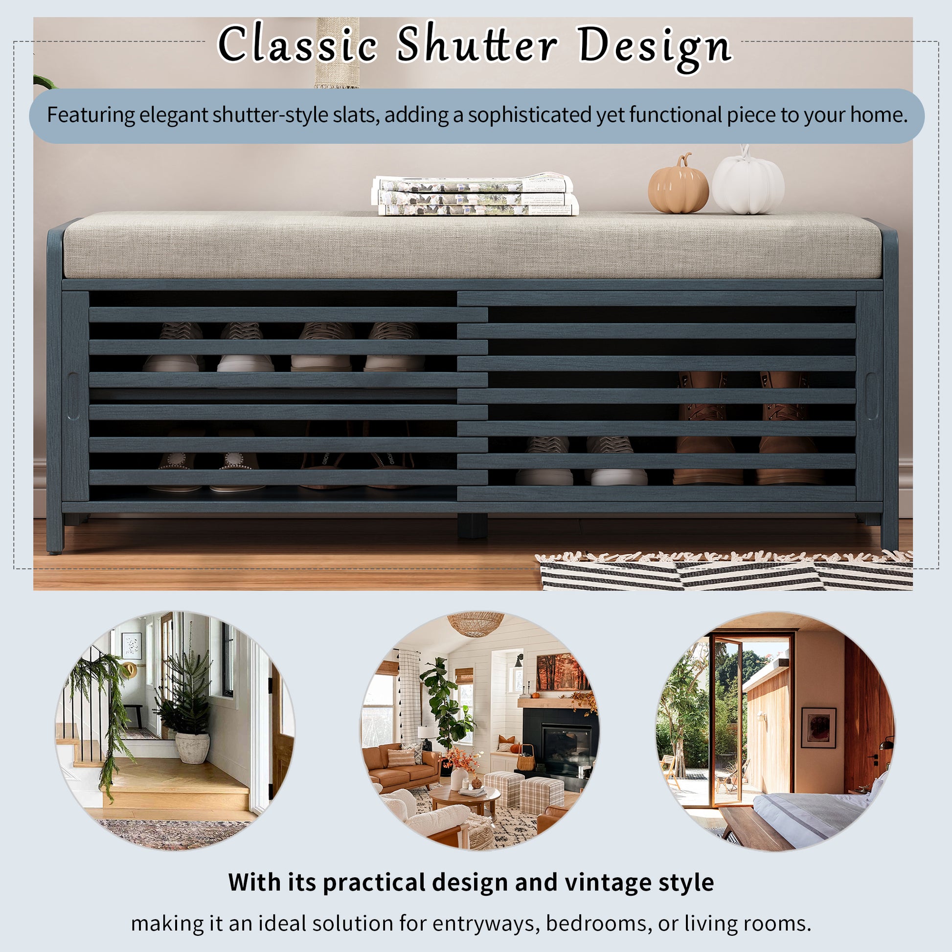 Distressed Shutter Storage Bench With Acacia Veneer For Retro Charm For Living Room, Entryway Navy Navy Mdf