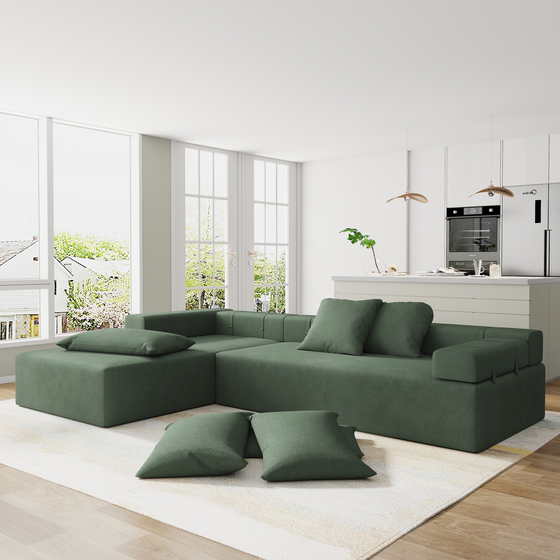 Modern Upholstered Sectional Sofa Couch Set,Modular 108" L Shaped Sectional Living Room Sofa Set With 6 Pillows,Free Combination Sofa Couch For Living Room,Bedroom Left Chaise Green Foam Chenille 3 Seat