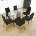 Modern Style Glass Dining Table, Elegant Transparent Design, Solid Support Base, Black Dining Chair Set, Gold Plated Chair Legs, Suitable For Restaurant Kitchens Set Of 7 Metal Gold Black Mdf Glass