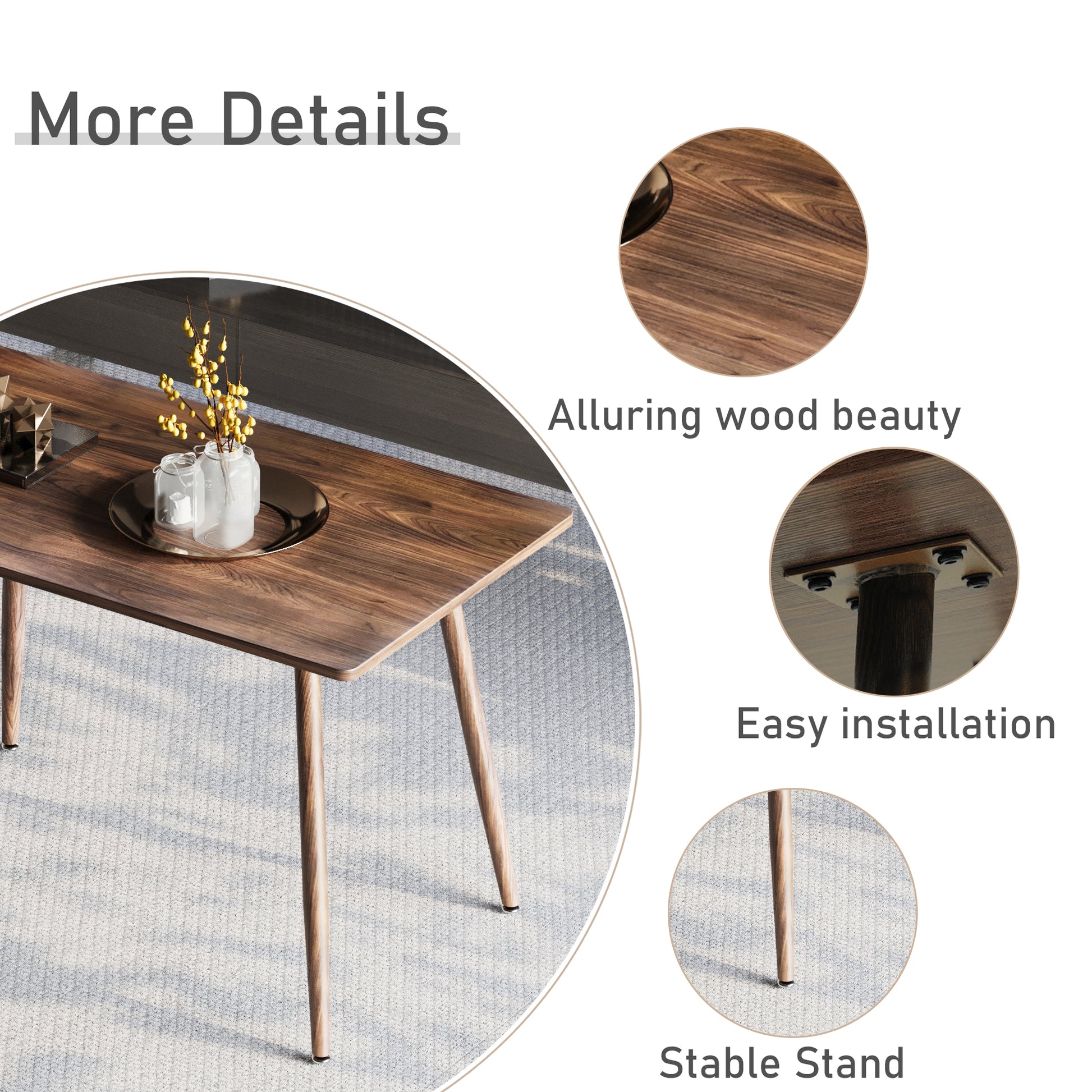 Modern Minimalist Mdf Desktop, Walnut Color Metal Legs, Small Sized Dining Table, Computer Desk, Office Desk, Kitchen Table, For 6 Seat.Suitable For Kitchen, Dining Room, Living Room Walnut Seats 4 Kitchen Round Mdf