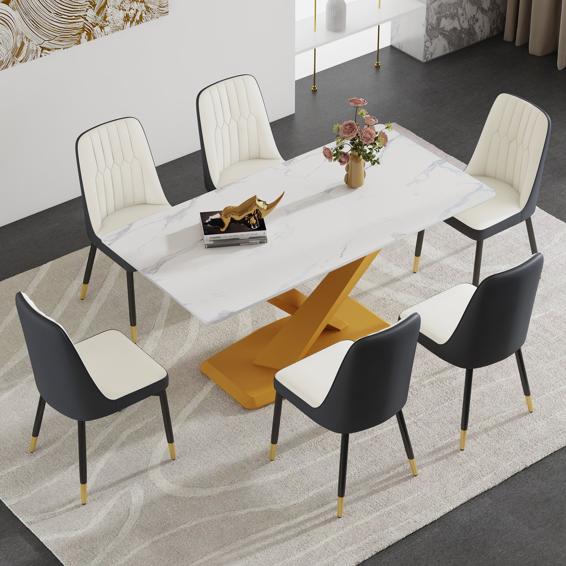 Table And Chair Set.The Table Is Equipped With A Marble Patterned Mdf Tabletop And Gold Table Legs.Paired With 6 White And Dark Gray Spliced Dining Chairs With Pu Cushions And Black Metal Legs. Dark