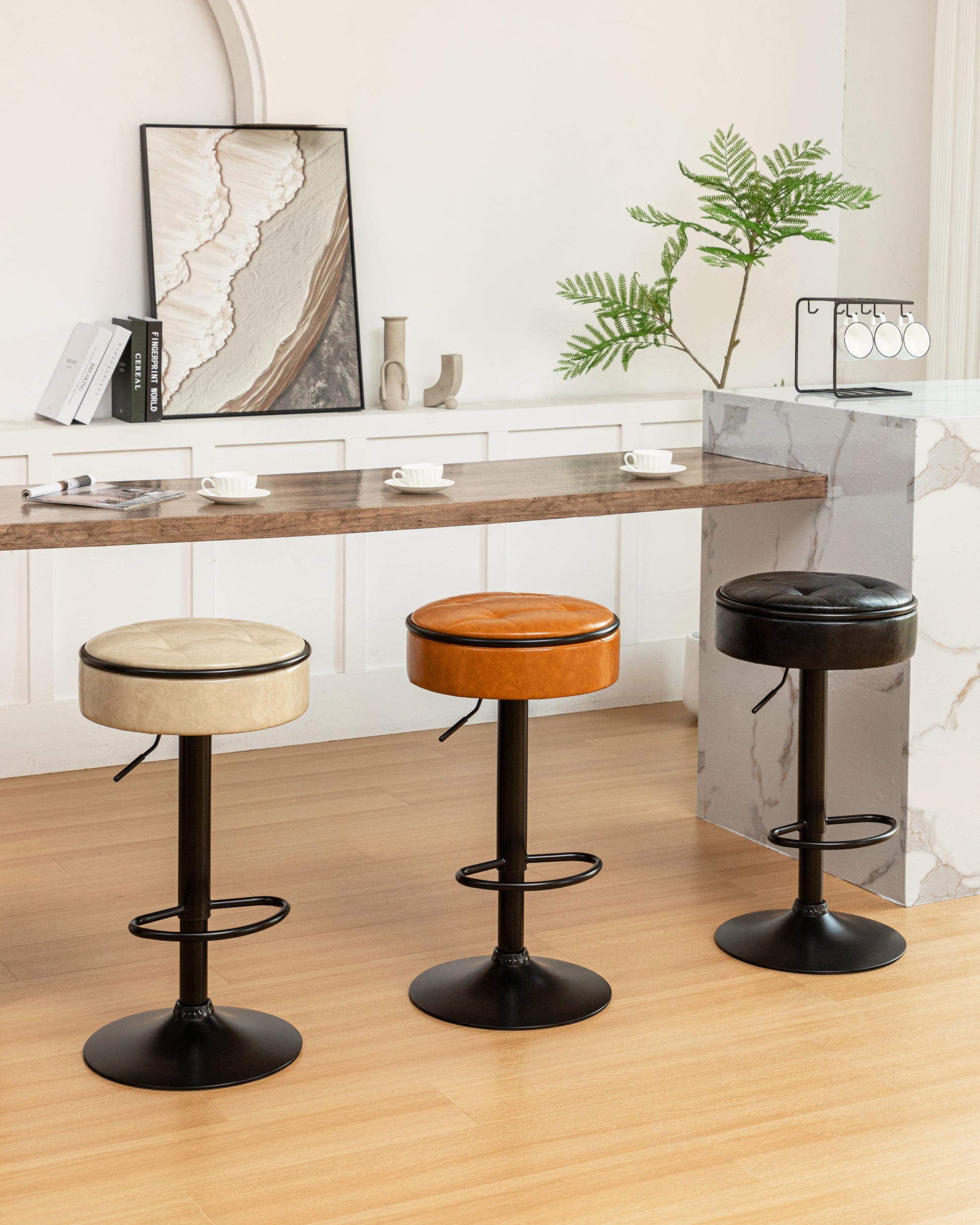 Round Storage Bar Stool Set Of 2, Khaki Faux Leather Height Adjustable Barstool, 360 Counter Height Swivel Stool, Armless Bar Chair With Metal Frame For Kitchen Counter Dining Living Room Khaki Set Of 2 Foam Pu Leather