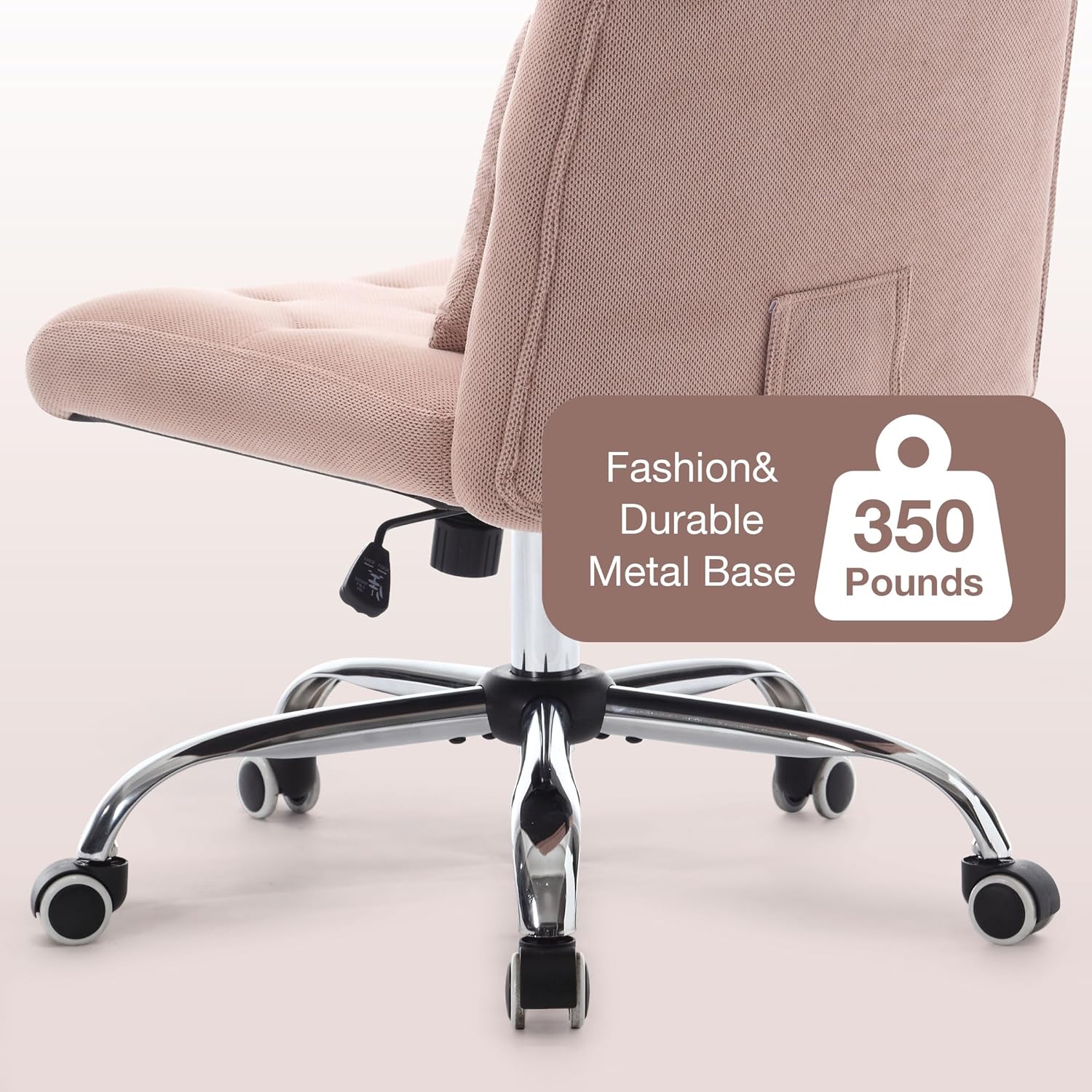 Armless Fabric Office Desk Chair With Wheels, Criss Cross Legged Wide Seat Chair, Modern Home Office Chair With Lumbar Pillow, Comfy Computer Task Chair For Small Space, Vanity Chair For Women