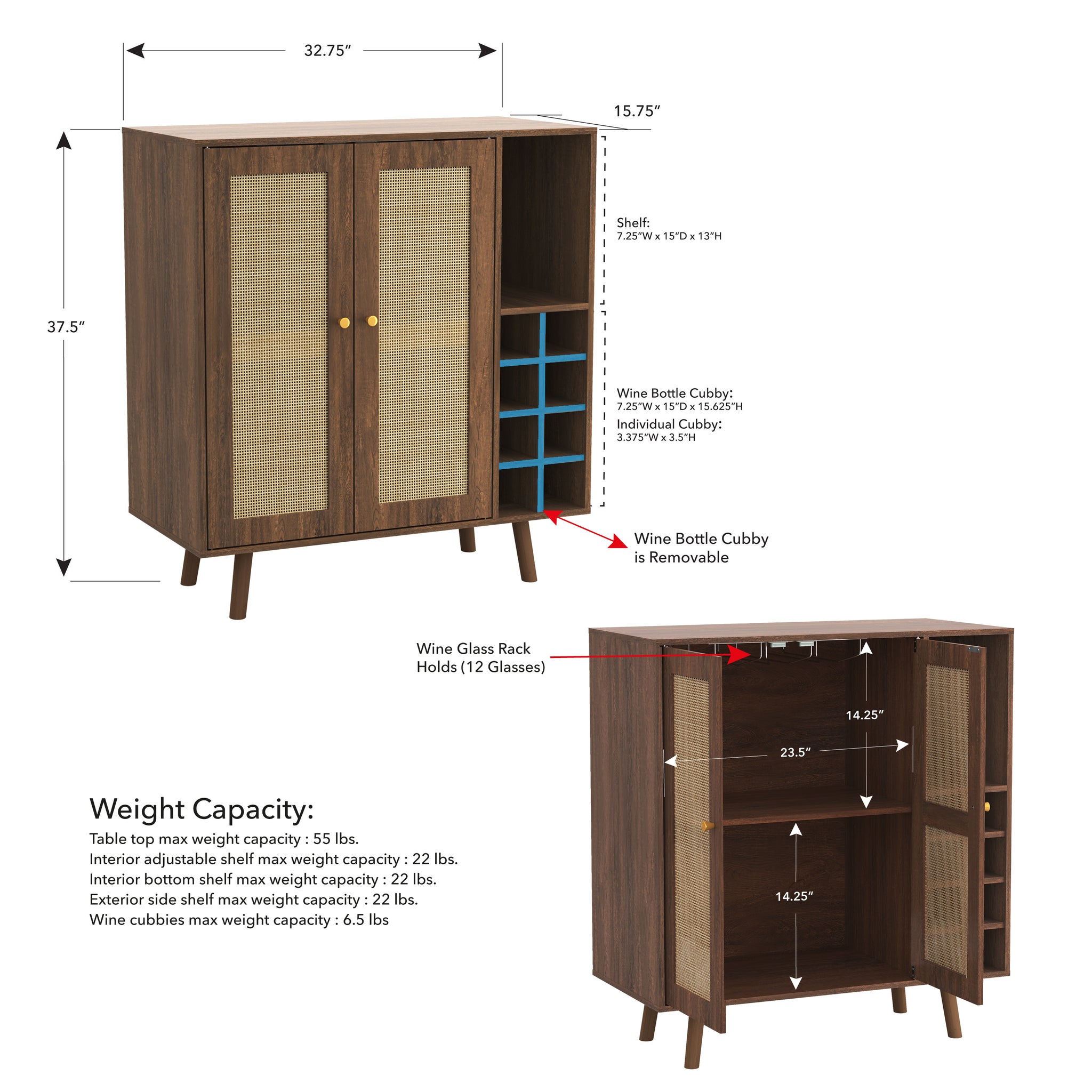 Bohemian Bar Cabinet, Natural Rattan Doors, Removable Wine Rack In Walnut Natural Walnut Boho Mdf